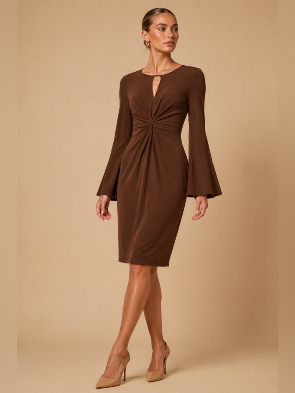 Tommy Hilfiger Brown Bell Sleeve Round Neck Keyhole Knot Sheath Dress NWT Size 8
